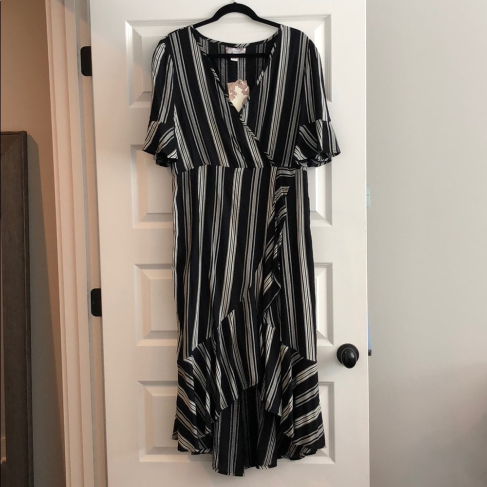 Ruffled black and squire striped high low dress